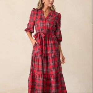 Plaid from Red Dress boutique A SIMPLE GLOW COTTON RED LONG SLEEVE MIDI DRESS